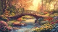 Spring sunrise stone bridge floral stream enchanted forest Royalty Free Stock Photo
