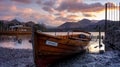 Spring sunset over Derwent Water from Keswick Harbour, Lake District National Park