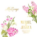 Spring syringa flowers background for the marriage card design. Blossom flower pattern for invitation card.