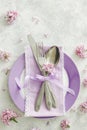 Spring table decoration with lilac flowers Royalty Free Stock Photo