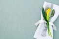 Spring Table Place Setting that is elegant and modern with copy space. It`s a horizontal flat layout with a yellow calla lily, si