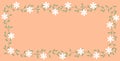 Spring template. Vintage frame from white flowers and green leaves on Peach Fuzz color background. Summer pastel banner. Lush Royalty Free Stock Photo