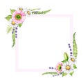 Spring tender floral decorative frame. Watercolor illustration. Hand drawn poppy, daisy, lavender flowers, green leaves