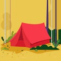 Spring tent. Summer camp. Landscape with red tent forest and mountains on the background. Adventures in nature. vector Royalty Free Stock Photo