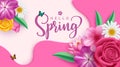 Spring text greeting vector design. Hello spring greeting card with beautiful and blooming flowers