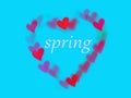 Spring text in red hearts bokeh in heart shape romance frame isolated on blue Royalty Free Stock Photo