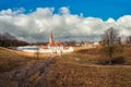 Spring thaw at the ancient Maltese castle. Spring sunny landscape in the ancient Russian city of Gatchina Royalty Free Stock Photo