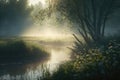 Spring thaw by the river, morning fog landscape, nature outdoor landscape background illustration Generative AI