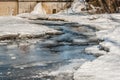 Spring thawed patch in the ice of the river. Frozen ice and snow by the river side.