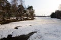 Spring thawed patches on the bank of the Moscow Canal