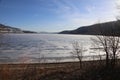 Spring and thawing lake -ice on the lakefront- a frozen lake slowly thawing out to end winter and start spring!