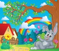 Spring theme with bunny and rainbow