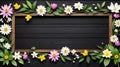 spring themed border frame on rustic black woode ai generated Royalty Free Stock Photo