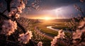 Spring thunderstorm over a rustic barn and winding stream at sunset, framed by blossoms Royalty Free Stock Photo