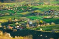 Spring time in beautiful agricultural landscape, green farm fields for animals and growing vegetables. Carpathian mountains, Royalty Free Stock Photo