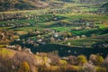 Spring time in beautiful agricultural landscape, green farm fields for animals and growing vegetables. Carpathian mountains, Royalty Free Stock Photo