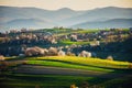 Spring time in beautiful agricultural landscape, green farm fields for animals and growing vegetables. Carpathian mountains, Royalty Free Stock Photo