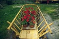 Spring time blossom season red flowers in wooden wagon rural country side yard exterior element