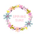 Spring time. Cartoon floral wreath, hand drawing lettering, decoration elements. Royalty Free Stock Photo