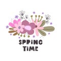 Spring time. Cartoon flowers, hand drawing lettering, decoration elements. colorful spring vector illustration, flat style. Royalty Free Stock Photo