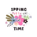 Spring time. Cartoon flowers, hand drawing lettering, decoration elements. colorful spring vector illustration, flat style. Royalty Free Stock Photo