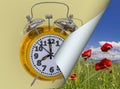 Spring time change clock yellow golden time alarm shandwows - 3d rendering