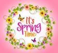 Spring Time in a Circle Frame with Wreath of Colorful Flowers Royalty Free Stock Photo