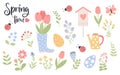 Spring time. Collection of flowers, rubber boot with bouquet tulips, watering can and ladybug. Isolated vector elements