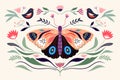 Spring time composition with floral butterfly and seasonal elements, flowers and birds; Royalty Free Stock Photo