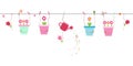 Spring time floral background. Hanging colorful flower pots.Happy vector background