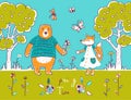 Spring time greeting card. Cute illustration with fox and bear in spring forest. Royalty Free Stock Photo