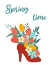 Spring time hand drawn vector illustration. Stiletto shoe with bouquet of flowers