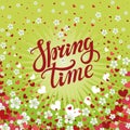 Spring time lettering.Cherry flowers,falling heart background