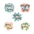 Spring time lettering with colorful flowers in background, greeting cards set.