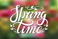 Spring time lettering.Green,pink blurred background