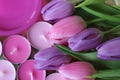 Spring time, Mothers day, flowers and candles, pink, purple, lovely time, nice smell, lovely colors, romantic colors, valentines Royalty Free Stock Photo