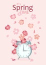 It is Spring Time in poster. Alarm clock with geometric flowers in decorative banner. Text with pink floral design. Royalty Free Stock Photo