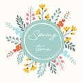 Spring time quote. Floral decoration with colorful hand drawn flowers and branches. Royalty Free Stock Photo