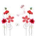 Spring time red poppy flowers, bee, butterfly. Floral vector