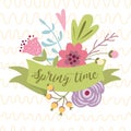 Vector spring text Spring time on ribbon decorated hand drawn flower Vector typography illustration colors