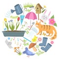 Spring time round pattern flat vector illustration. First warm day, park outdoor area, flowering plant and easter hare
