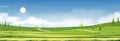 Spring time,Summer sunny day landscape in village with green field, cloud and blue sky background.Rural countryside with mountain Royalty Free Stock Photo