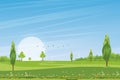 Spring time,Sunny day Summer landscape in village with green field,cloud and blue sky background.Rural countryside with mountain, Royalty Free Stock Photo