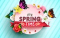 Spring time vector concept design. It`s spring time text in circle space with flowers and butterflies elements. Royalty Free Stock Photo