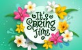 Spring time vector template design. It`s spring time text in green circle space with flowers like lily, daffodil and plumeria. Royalty Free Stock Photo