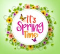 Spring Time in a White Circle with Wreath of Colorful Flowers Royalty Free Stock Photo