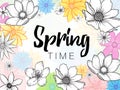 Spring time wording with hand drawn colorful flowers on white background Royalty Free Stock Photo