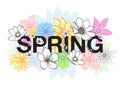 Spring time wording with hand drawn colorful flowers on white background