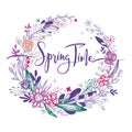 Spring time wording with hand drawn flowers in a circle, purple doodle elements, grass, leaves, flowers. Vector Royalty Free Stock Photo