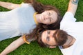 Spring time. Youth and freedom. Couple in love relaxing lay meadow. Freshness and peace. Hipster bearded man and girl